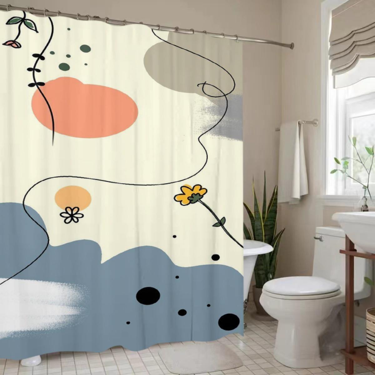 

Abstract Floral Shower Curtain - High-Quality Polyester, Pastel Colors, Ultra-Wide Non-Perforated Rings, Modern Bathroom Decor W90xH180cm