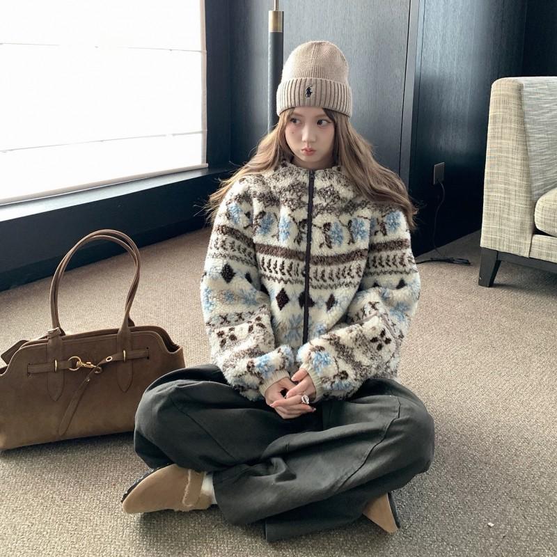 Womens Oversized Fleece Hooded Coat With Fair Isle Winter Warm Thick Outwear Home Or Street Wear