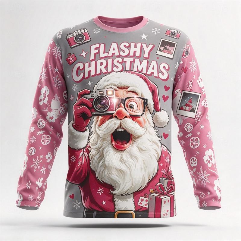 Autumn Winter New Ugly Christmas Long Sleeved T-shirt Santa Claus Pattern Cotton Comfortable Xmas Party T-shirt Top Gift for Men