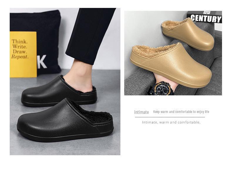 Men's Winter 2025 Non-Slip Waterproof Cotton Slippers: Leather & Fur, Thick Sole, Plus Velvet, Indoor.