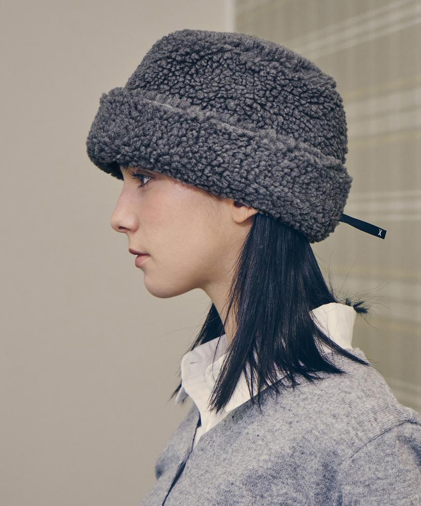 Bajal Va Long Label Fleece Mongolian Bucket Hat Gray