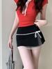 Women's Sweet & Spicy Korean Patchwork Lace Trim Bow Midi Skirt with High Waist & Anti-Exposure Design