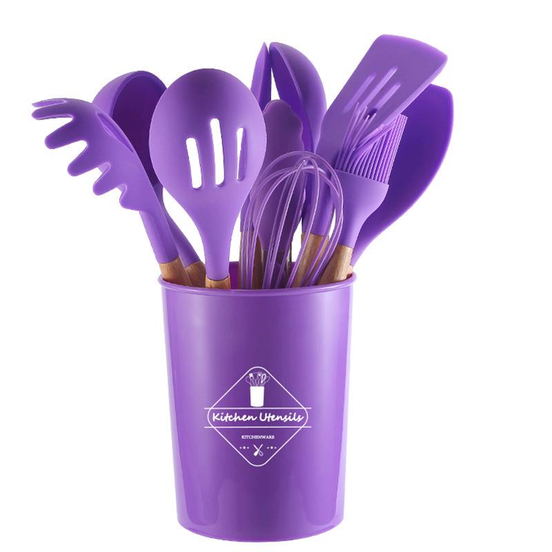 11-Piece Silicone Kitchen Utensil Set: Non-Stick Cooking Spoons & Spatulas with Wooden Handles