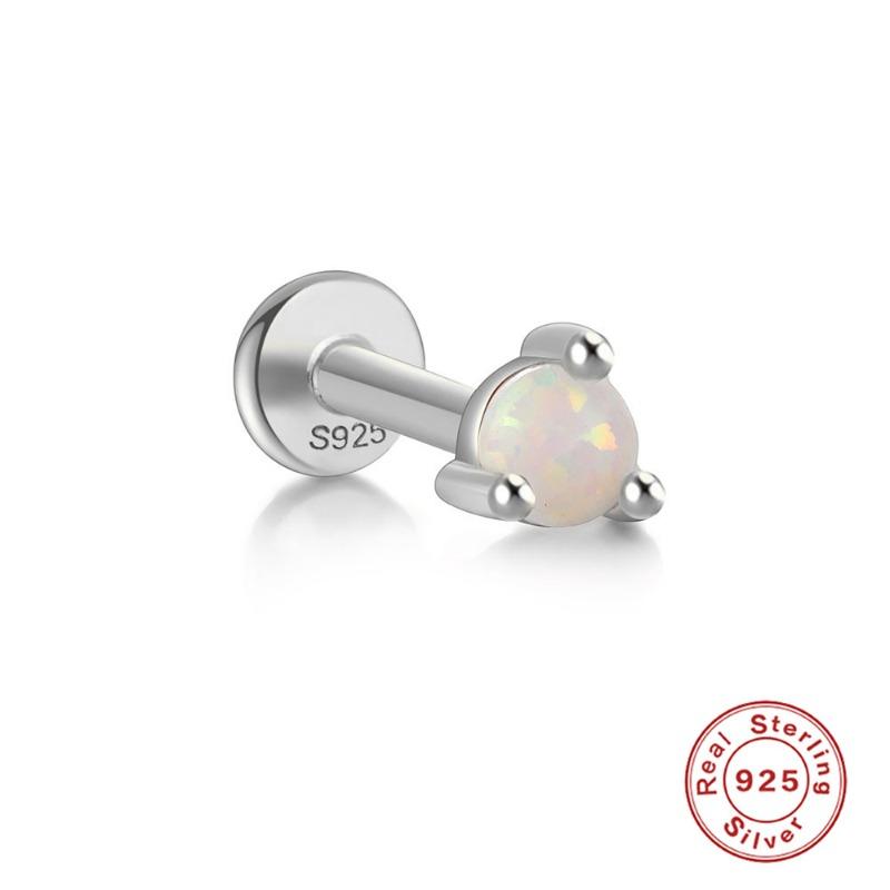 Pure Silver 925 Opal Flat Head Piercing Jewelry Classy Perforated Threaded Ear Bone Nail Ears