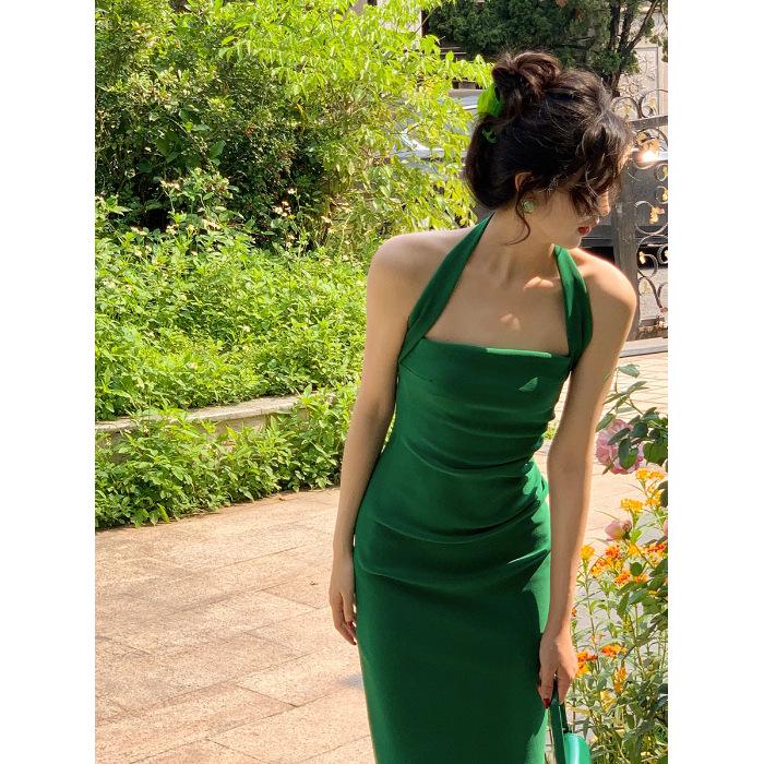 French Exquisite Retro Summer Halter Dress - Slim Fit, Bodycon with Slit, Spaghetti Straps, Royal Sister Style.