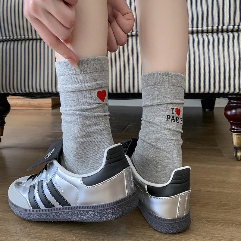 White Socks Pure Cotton Stacking Socks Heel Embroidered Love Letters Spring And Autumn Thin Cotton Medium Tube Socks