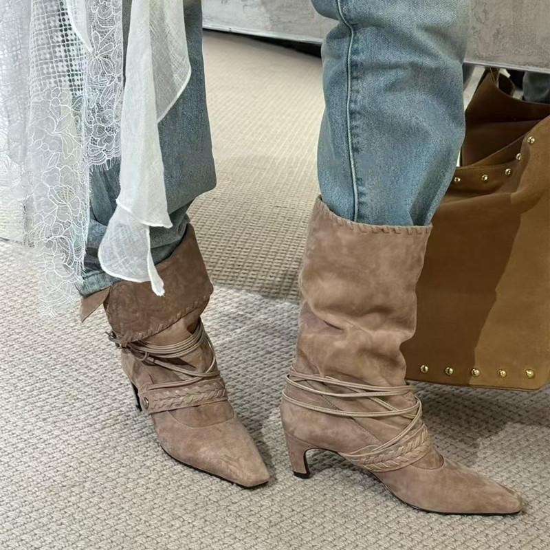 Autumn Winter Faux Suede Weave Lace-up Women Motorcycle Boots Fashion High Heels Chelsea Western Mid-Calf Short Booties Shoes
