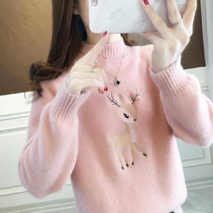Sweter z golfem z wzorem jelenia, uroczy jesienno-zimowy sweter z długim rękawem, odzież damska