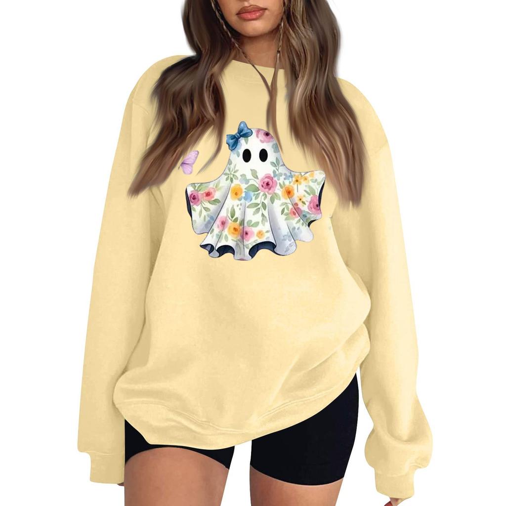 Women's Color Long Sleeve Neck Sweatshirt with Halloween Print Casual Loose Fit Pullover Top