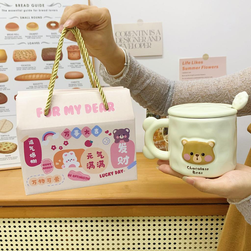 Cute Bear Mug with Lid Spoon High Value Cup Ceramic Couple Water Cup Girls Home Coffee Breakfast Cup