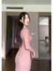 French Pink Knit Tie-Up Dress – Women's High-End Waist-Cinched Long Dress for Autumn/Winter 2025