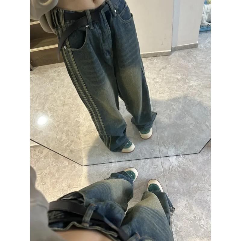 Y2K Vintage Yüksek Bel Sokak Stili Mavi Kot Pantolon Kore Moda kadın Geniş Bacak Çizgili denim pantolon Kadın Giysileri