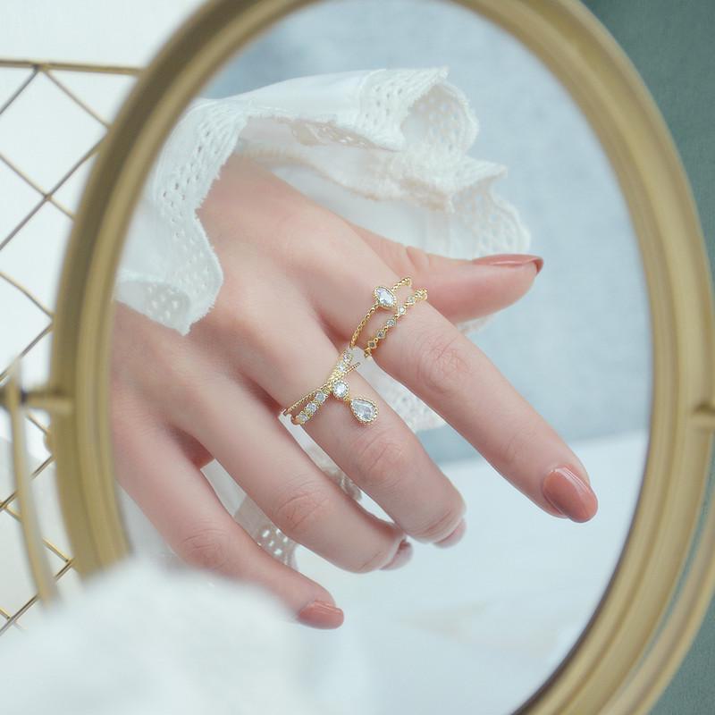Chic Zircon Double-Layer Adjustable Open Ring for Women - Light Luxury Niche Design, High-End Index Finger Ring