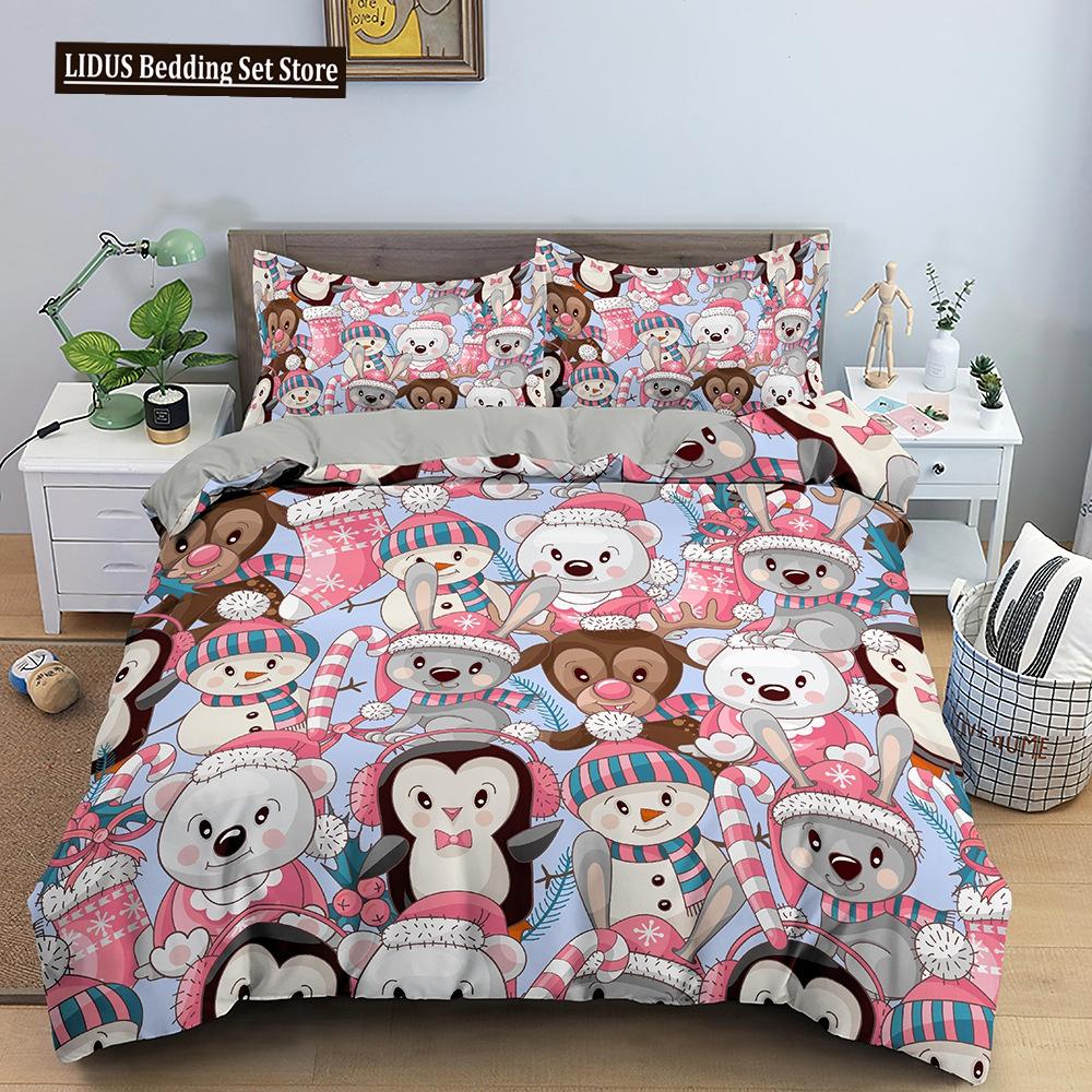 Red Christmas King Queen Duvet Cover Cartoon Santa Claus Bedding Set For Kid Boy Girl Happy Holiday 2/3pcs Polyester Quilt Cover
