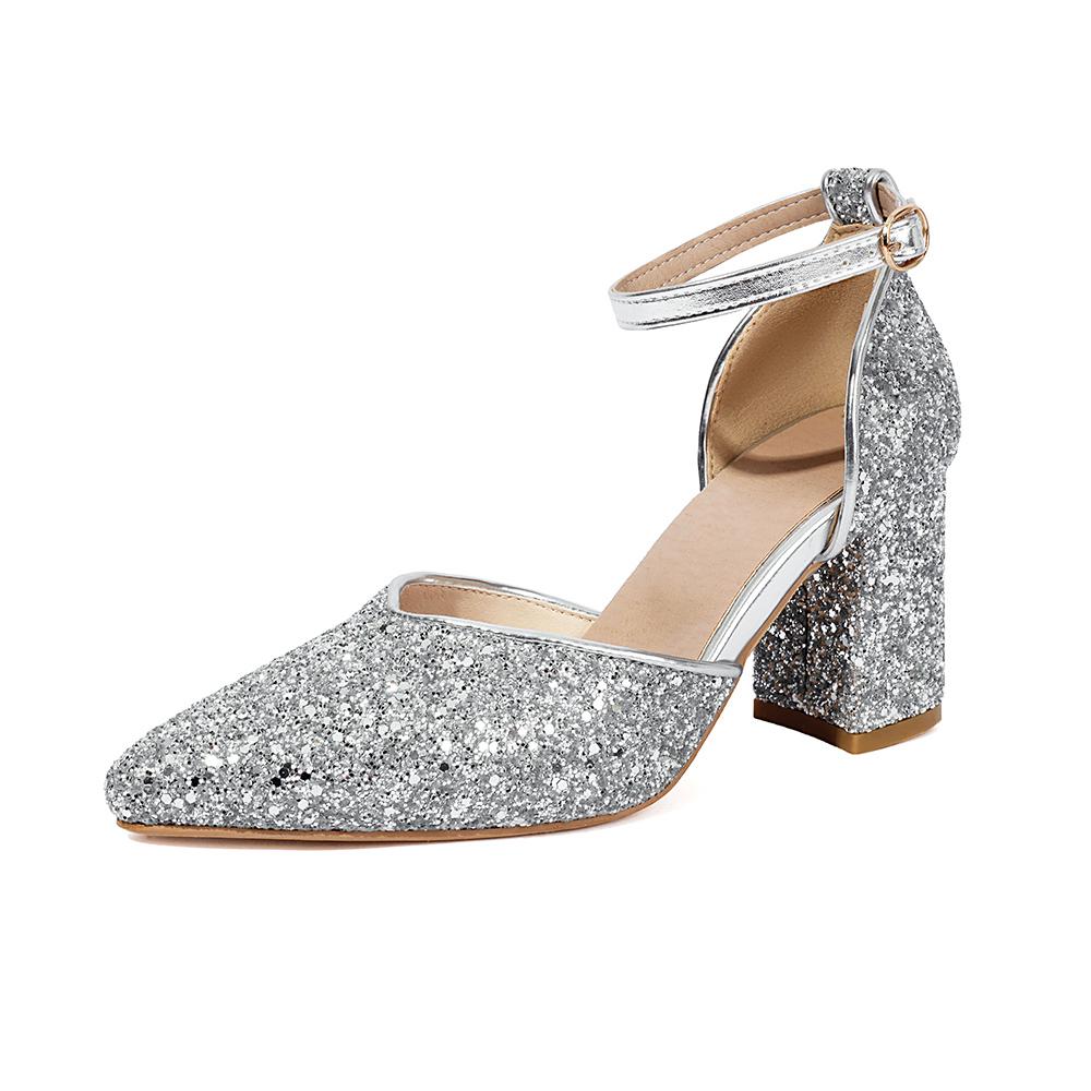

Gold Silver Glitter Women Sandals Pointed Toe Ankle Strap High Chunky Heel Large Plus Size 48 39 срібний