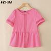 VONDA Women Short Sleeve Blouse Casual Lace Crochet Hem Hollow Tops