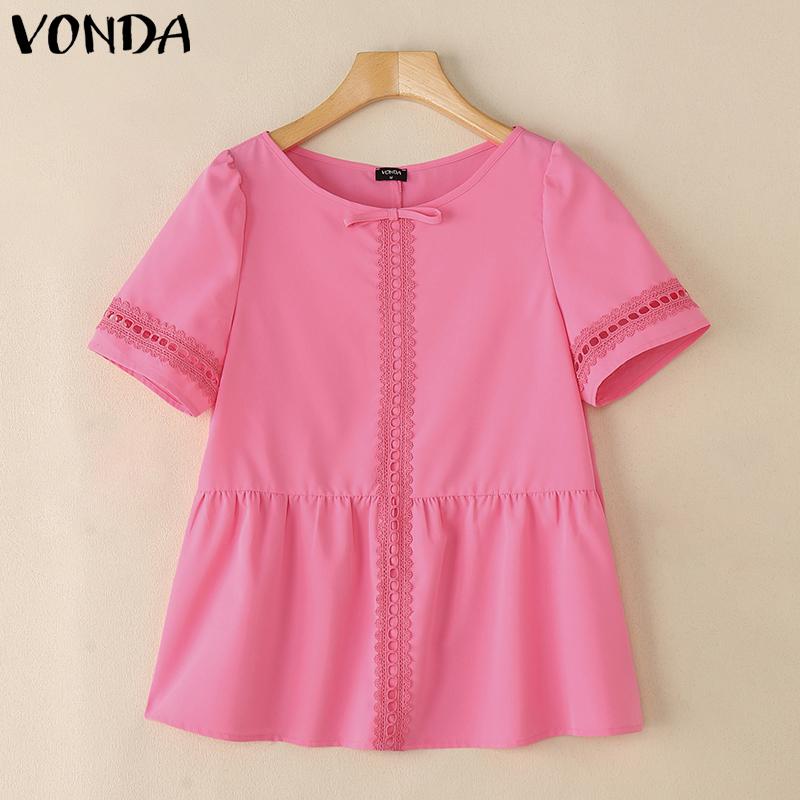 VONDA Women Short Sleeve Blouse Casual Lace Crochet Hem Hollow Tops