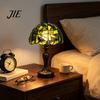 Eye Protecting Warm Light Retro Green Stained Glass Desk Lamp, Hand-Carved Resin Base Vintage Tiffany Style Banker Lamp for Office Table Bedroom Study