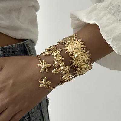 Stainless Steel Exaggerated Wide Cuff Bangle for Women Gold Color Flower Butterfly Leaves Sun Geometric Bracelet Party Jewelry