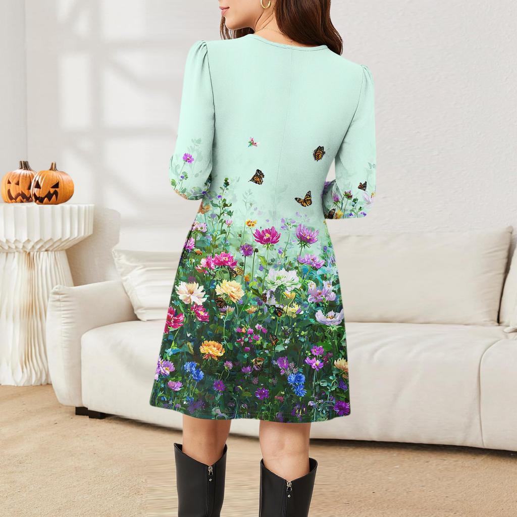 Women's Long Sleeve Dress Fall Casual T Shirt Loose Fit Pleated Front Dresses With Pockets