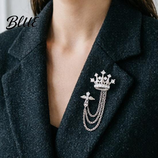 Dark Light Zircon Brooch Men's Pin with Chain British Crown