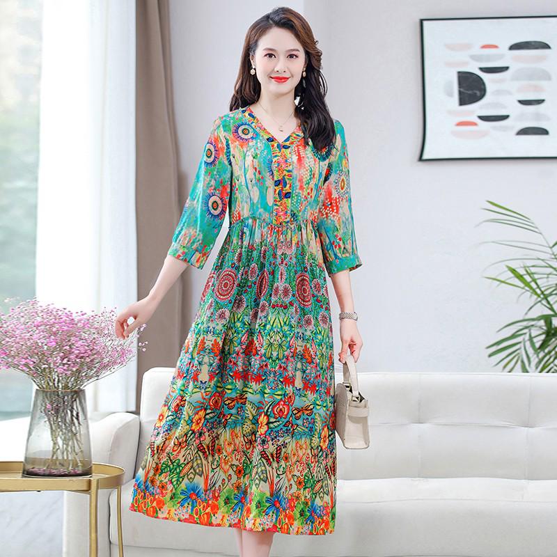 

Шикарное цветочное платье с V-образным вырезом и рукавами семь восьмых для пляжа - Женская летняя одежда, Свободный крой, Стройнящее, Длины до колена. 5XL (143-155 jin) зелёный