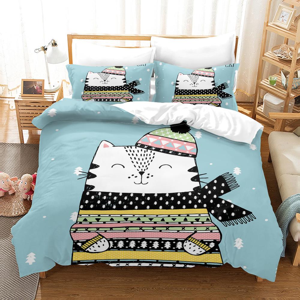 Cartoon Cat King Full Queen Duvet Cover Lovely Pet Kitty Bedding Set Animal Quilt Cover 2/3pcs Purple Polyester Comforter Cover