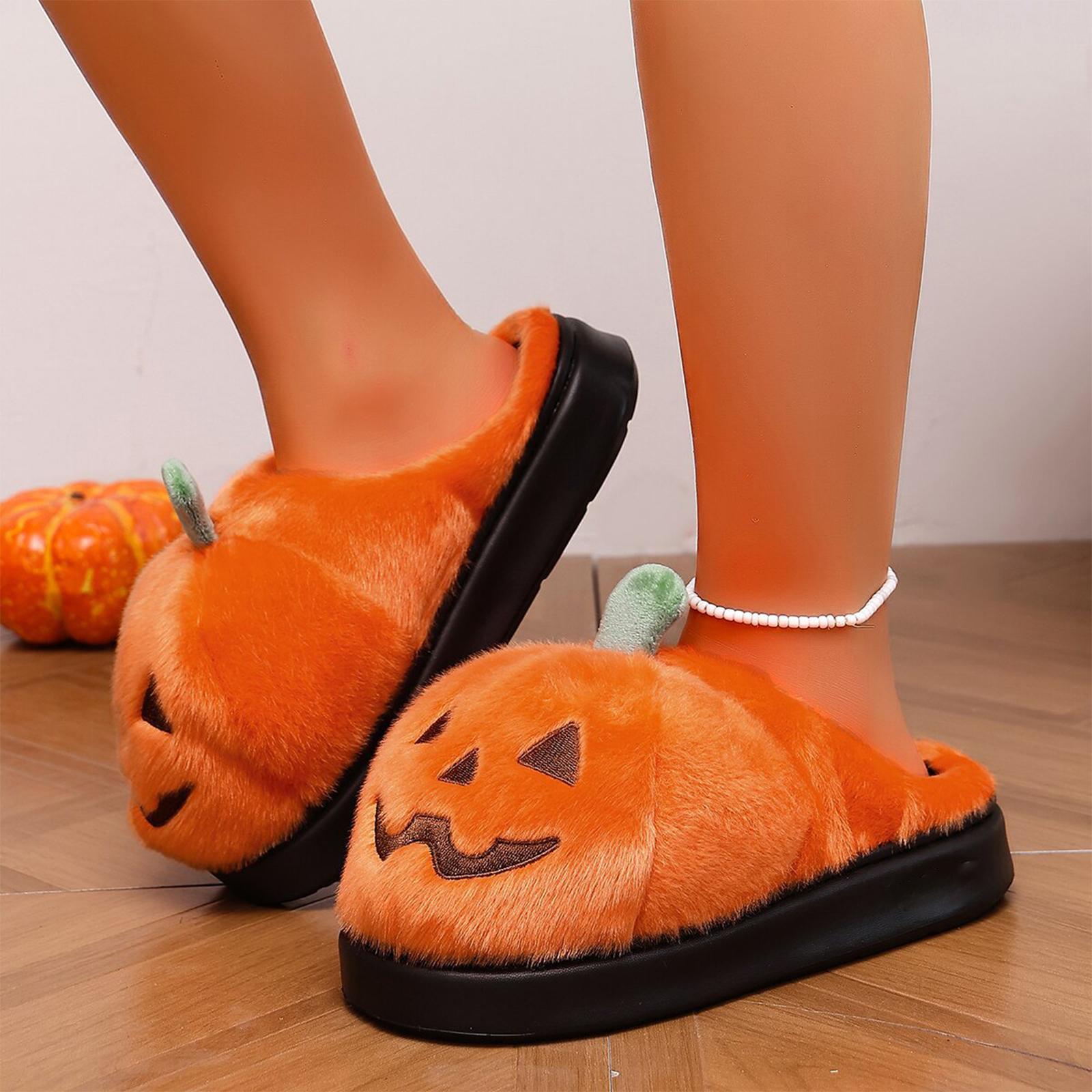 Damen Halloween Kürbis Plüsch Hausschuhe mit dicker lustiger Baumwoll Sohle 38 schwarz