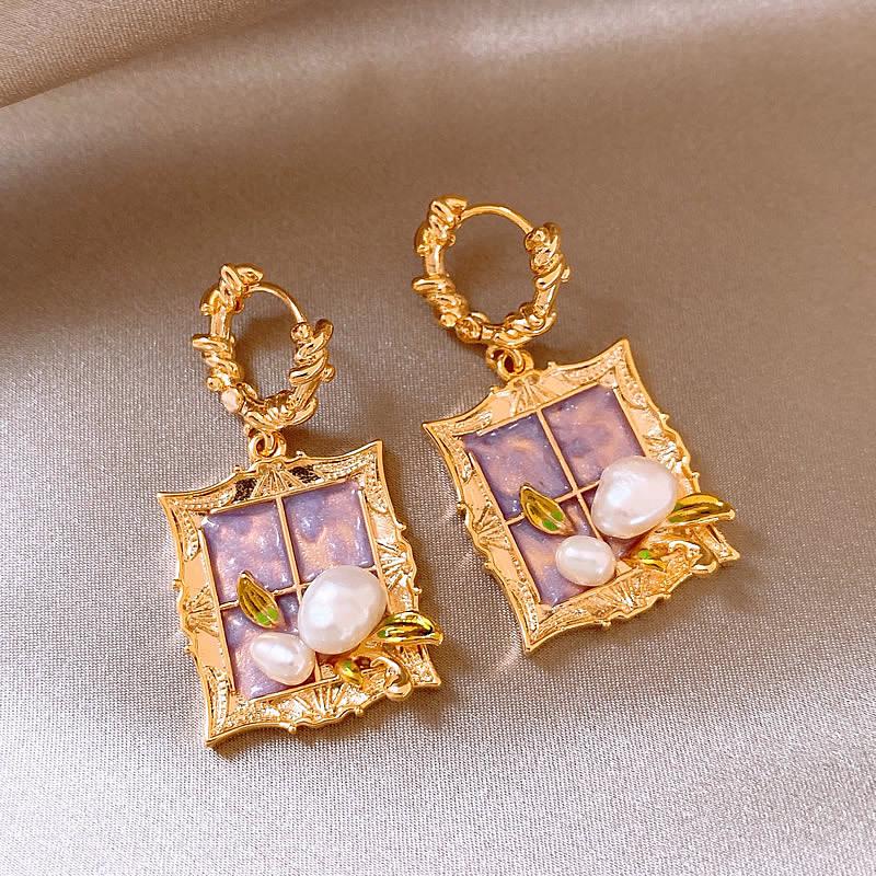Monet Garden Purple Baroque Pearl Earrings - Vintage Style, Luxury Women's Studs