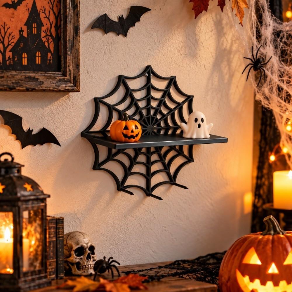 Black Halloween Floating Shelf Spider Web Wall Storage Rack Wall-Mounted Shelves Living Room