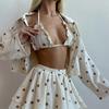 Amore stampa cotone puro traspirante e comodo bordo a balze manica lunga intimo pantaloncini pigiama tre pezzi autunno abbigliamento da casa donna