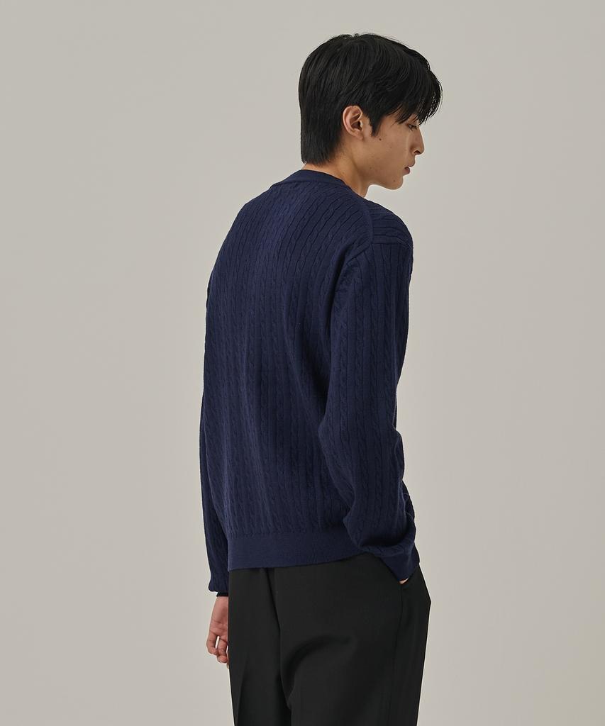 ANALOG MOOD Washable Cable Henley Neck Knit T-Shirt (Navy)