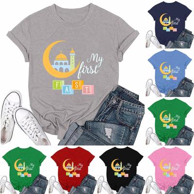 Girls Casual Loose Printed T-shirt Round Neck Pullover Short Sleeve Top