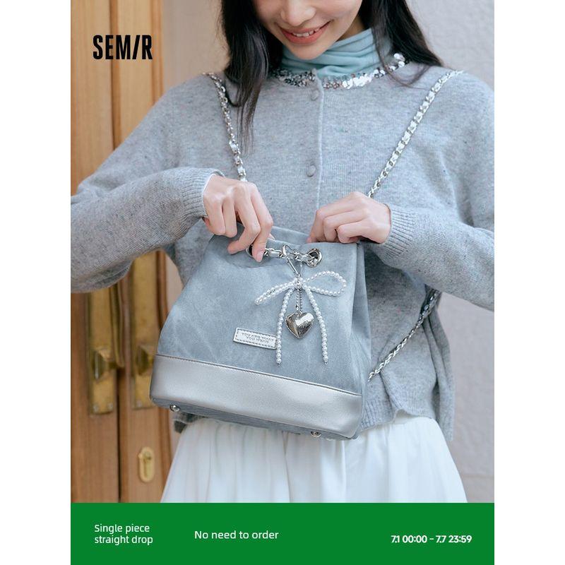 

Рюкзак Senma Bag Женский 2025 Стиль балета Сочетание цветов Имитация джинсовой ткани Сумка-ведро Банты Цепочка Популярный Denim Blue 80300