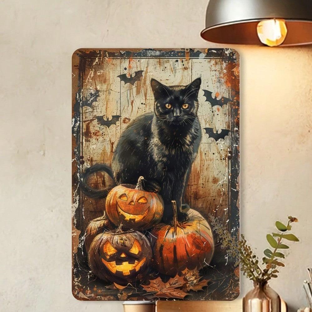 Vintage Halloween Ghost Pumpkin Cat Metal Tin Sign Retro Home Decor