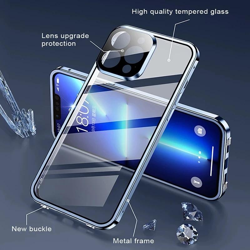 Przezroczyste Metalowe Magnetyczne Dwustronne Szklane Etui z Naciskiem 360° Pełna Ochrona dla iPhone 16e 16 Pro Max 14 13 12 15 Pro Max