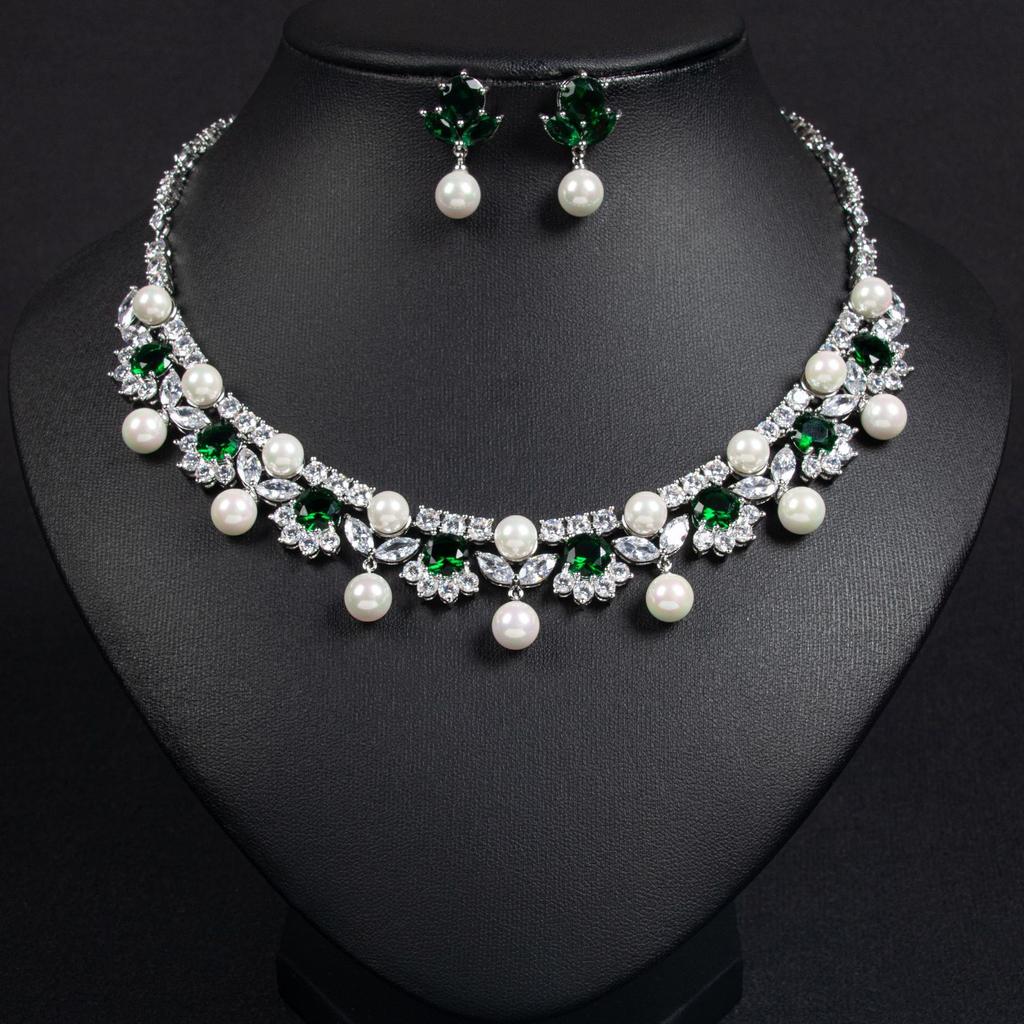 Nuevo glamour de lujo deslumbrante perla circonita conjunto de joyería para mujer collar pendientes regalo para fiesta boda graduación vestido M-361