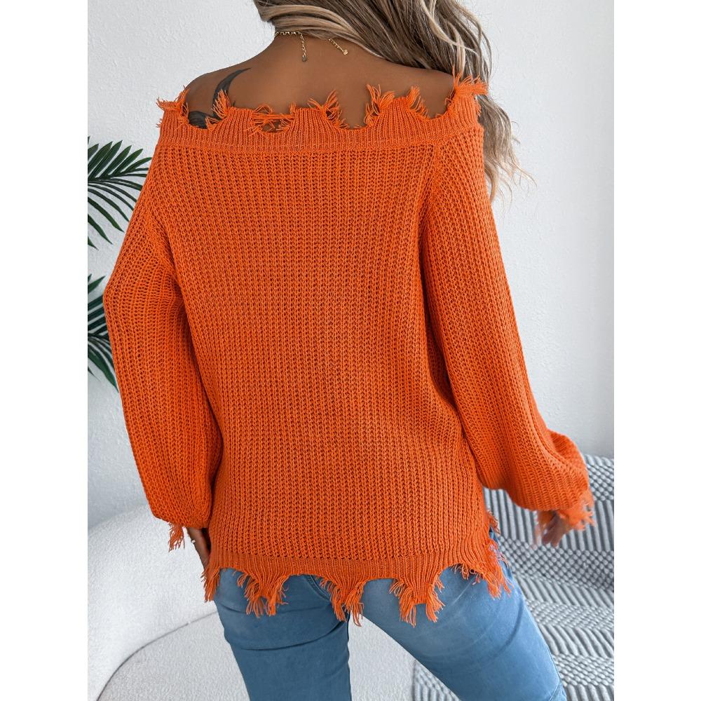 Women's Knitted Sweater for Autumn/Winter Solid Colour Lace-Up Long Sleeves Ragged Hem Off-Shoulder Pullover Loose-Fit Top