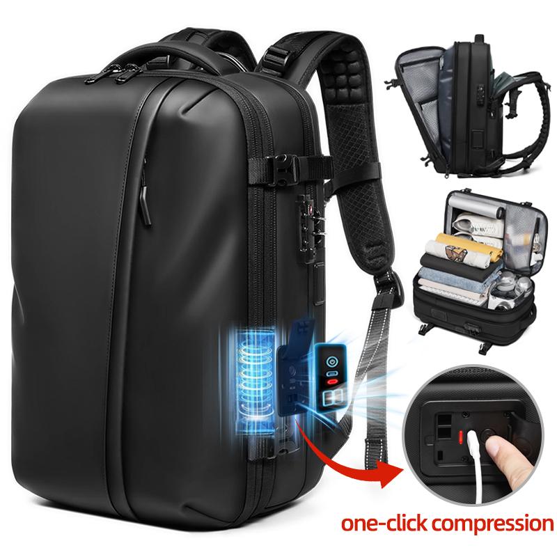 Men Travel Backpack One Click Start Pump Vacuum Compression 17 Inch Laptop Backpack Hiking Business 60L Extended School Backpack