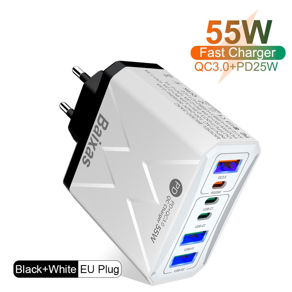 PD 25W 6-Port Fast Charger: 3 USB, 3 PD, 55W QC3.0 EU Standard for Mobile Phones