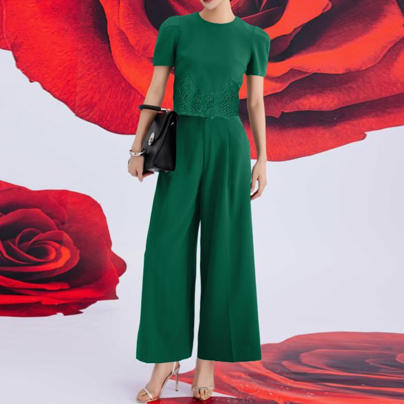 

ZANZEA Women Short Sleeve Crcohet Blouse and Pants Summer Two Piece Suit Sets S темно-зеленого