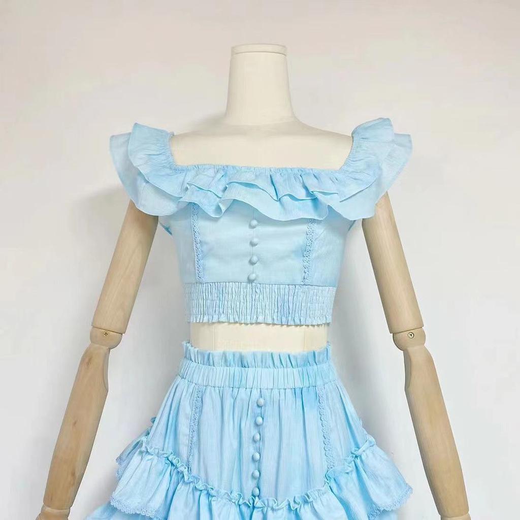 Elegante Completo Estate 2024 con Top a Scollo Quadrato e Gonna Lunga a Strati per Donna