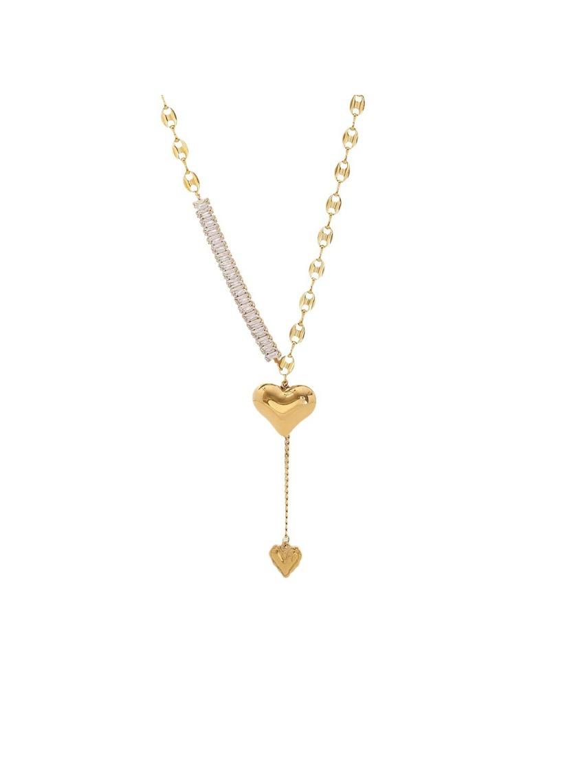 

Square Diamond Necklace Heart Tassel Retro Love Stainless Steel Accessory Personalized T-shirt Chain Trendy Gold Plating