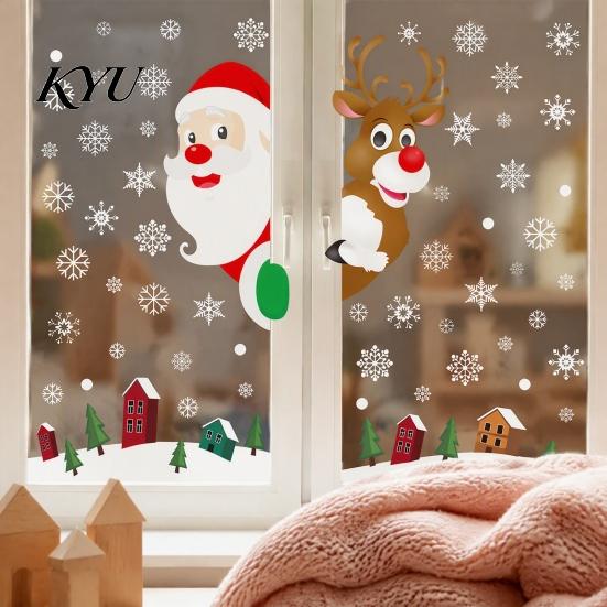 Removable Window Stickers 4Pcs Christmas Santa Claus & Reindeer Static Clings with Snowflake, PVC Decals, Festive Storefront Decor Reusable Glass for