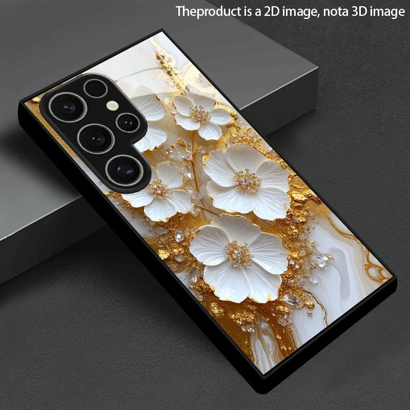 3D White Flower Pattern 2D Tempered Glass Phone Case for Samsung S26 S25 S24 S23 S22 S21 S20 A56 A36 A16Durable Protective Cover