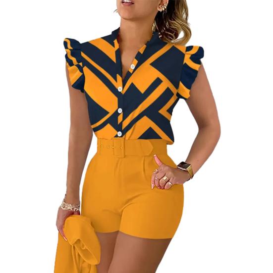 

Женский летний костюм, сексуальный пояс, стиль OL, женский летний костюм с узкой талией, женский летний костюм, рубашка, шорты, костюм, женская одежда S жёлтый