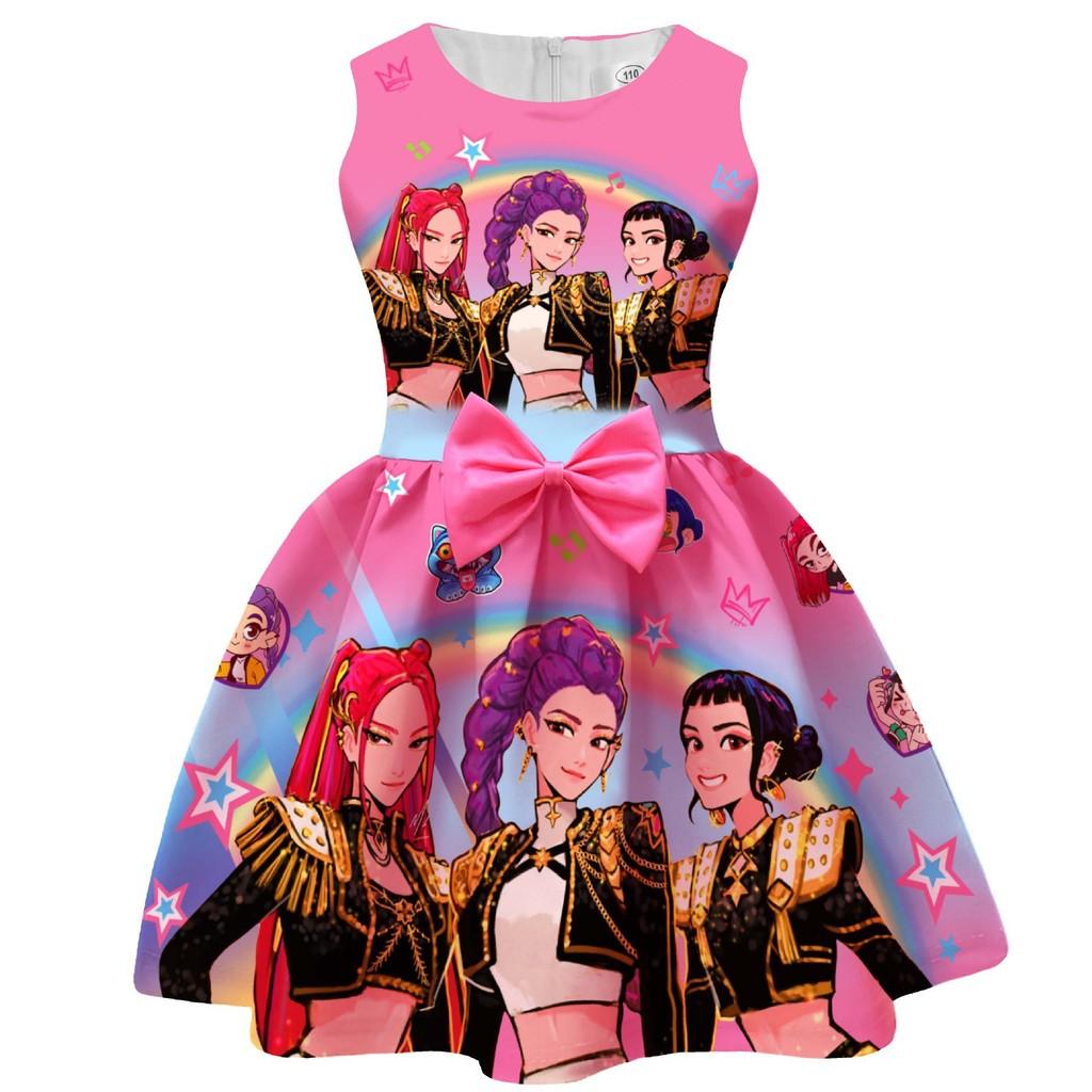 Kinder Mädchen Film POP Rumi Zoey Mira Print Ärmellos Schleife Lässig Party Prinzessin Kleid