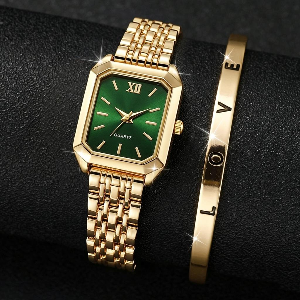 Women's Quartz Wristwatches Rectangle Ladies Fashion Golden Clock Top Luxury Gifts Bracelet Watches for Wife, Family, Friend
