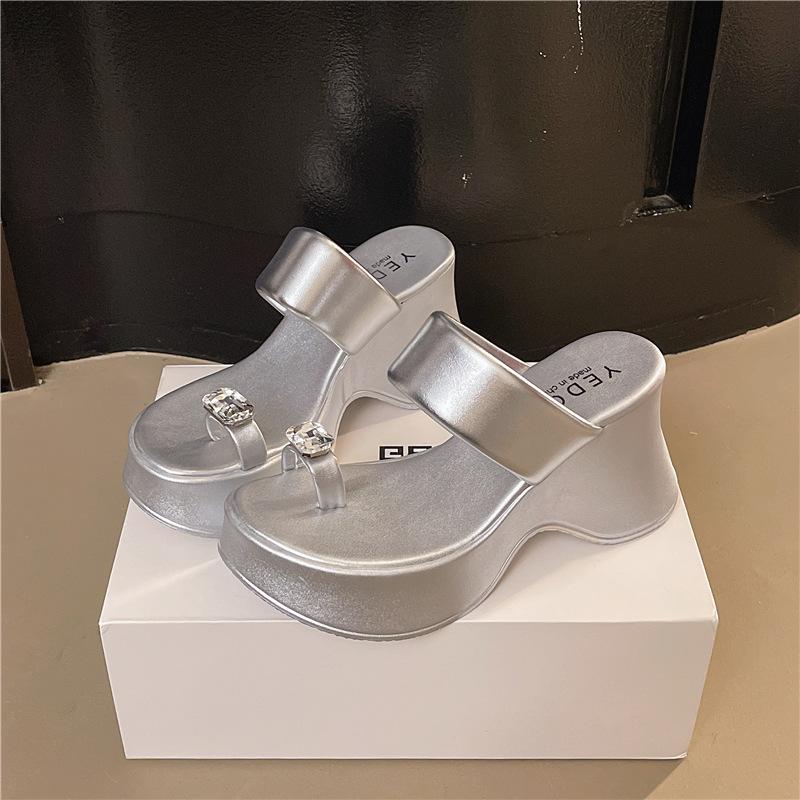 

высокие шлепанцы с открытым носком и стразами, на танкетке голубиное яйцо , высокие шлепанцы, маленькие сандалии, мягкая подошва, пляжная обувь 40 серебряный