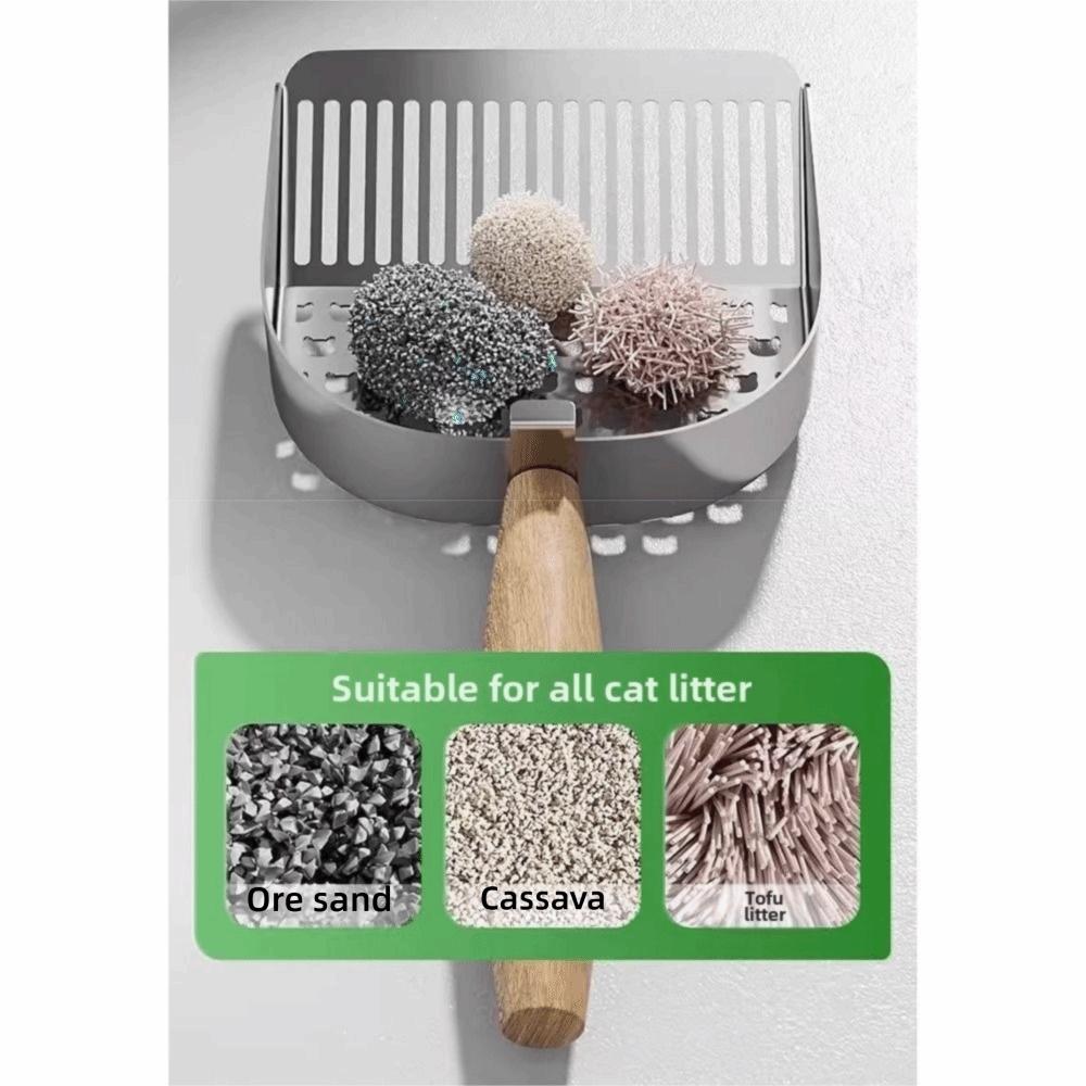 2 In 1 Cat Litter Scoop Wood Handle Stainless Steel Cat Poop Sifting Tool Comfortable Grip Easy To Clean Litter Box Scooper